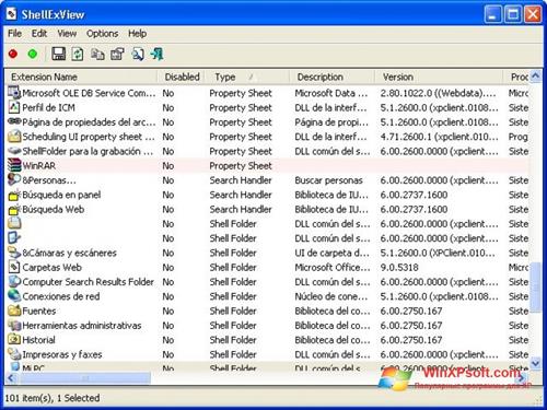 Скриншот программы ShellExView для Windows XP
