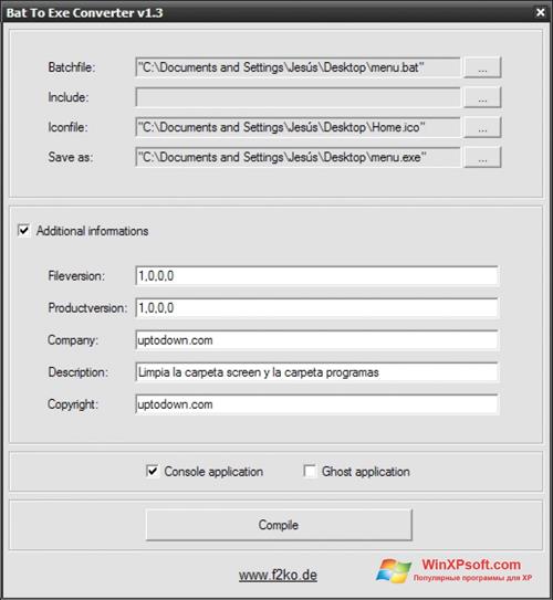 Скриншот программы Bat To Exe Converter для Windows XP