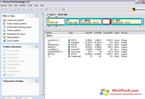 Скриншот программы Norton Partition Magic для Windows XP
