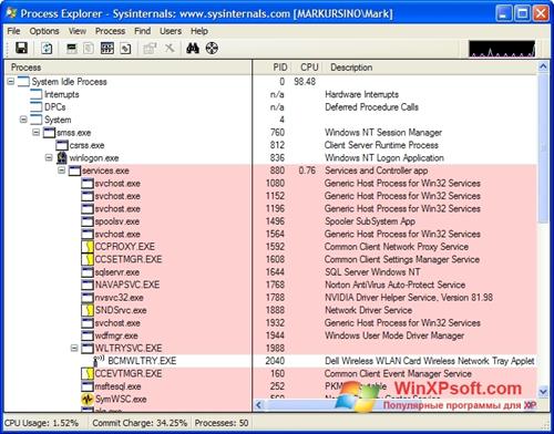 Скриншот программы Process Explorer для Windows XP