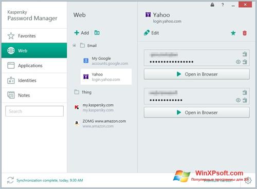 Скриншот программы Kaspersky Password Manager для Windows XP