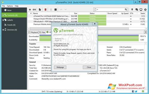 Скриншот программы uTorrent Pro для Windows XP