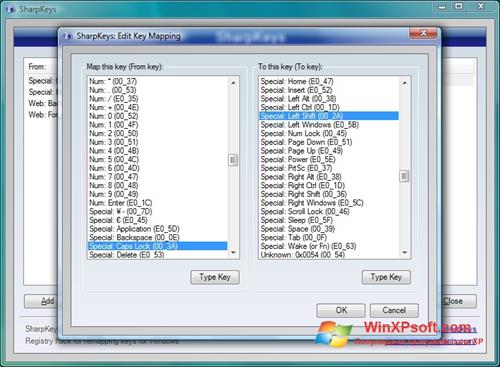 Скриншот программы SharpKeys для Windows XP