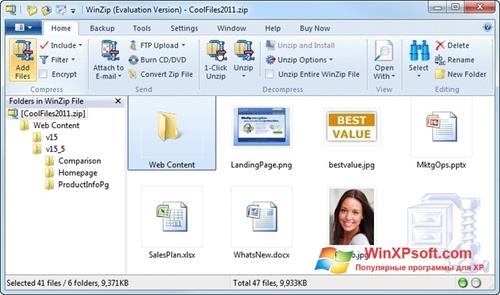 Скриншот программы WinZip для Windows XP