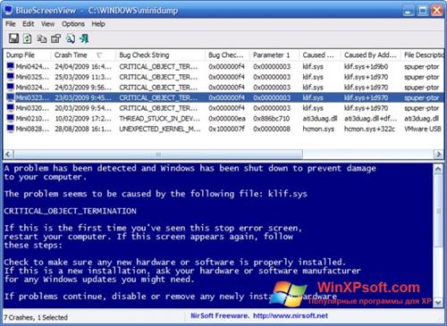 Скриншот программы BlueScreenView для Windows XP