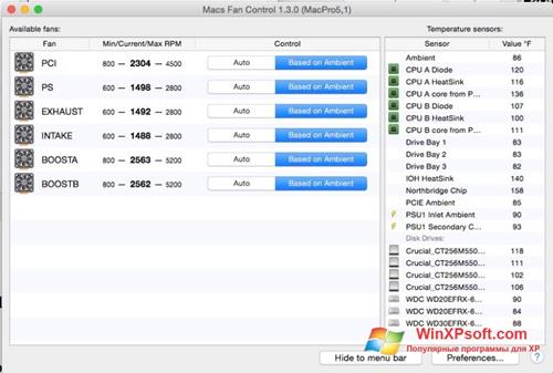 Скриншот программы Macs Fan Control для Windows XP