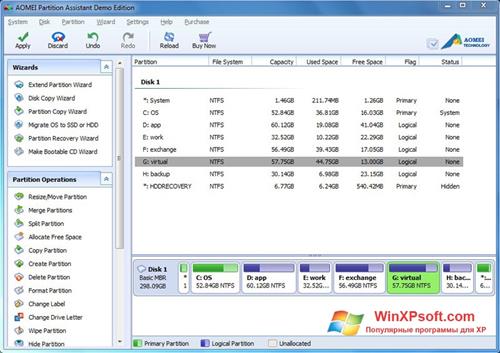 Скриншот программы AOMEI Partition Assistant для Windows XP