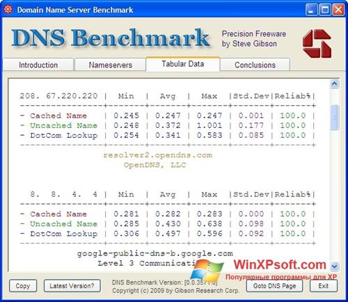 Скриншот программы DNS Benchmark для Windows XP