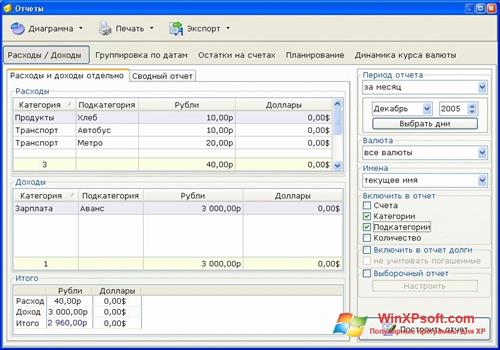 Скриншот программы Домашняя бухгалтерия для Windows XP